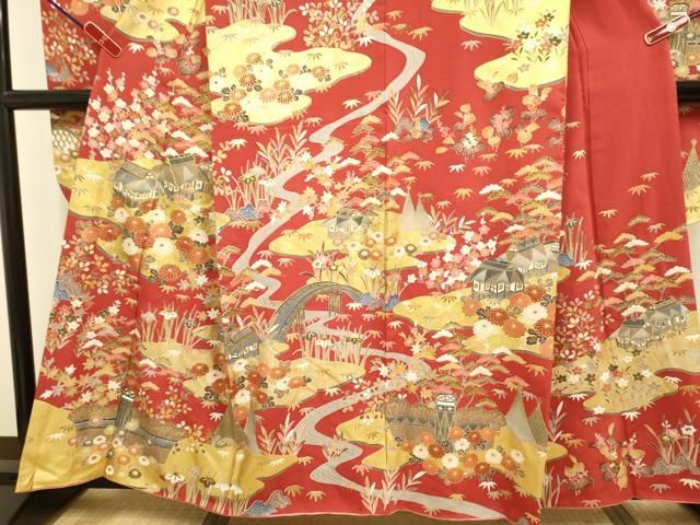 平和屋着物●豪華振袖　駒刺繍　風景花文　暈し染め　金彩　正絹　逸品　DABL3521du