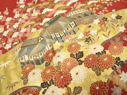 平和屋着物●豪華振袖　駒刺繍　風景花文　暈し染め　金彩　正絹　逸品　DABL3521du