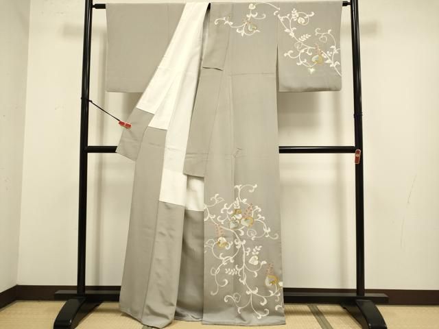 平和屋着物●訪問着　駒刺繍　草花文　金彩　正絹　逸品　DABL3532du