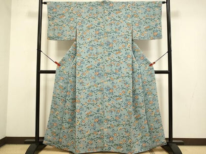 平和屋着物●上質な小紋　型染　花鳥文　鬼しぼ縮緬　正絹　逸品　DABL3534du