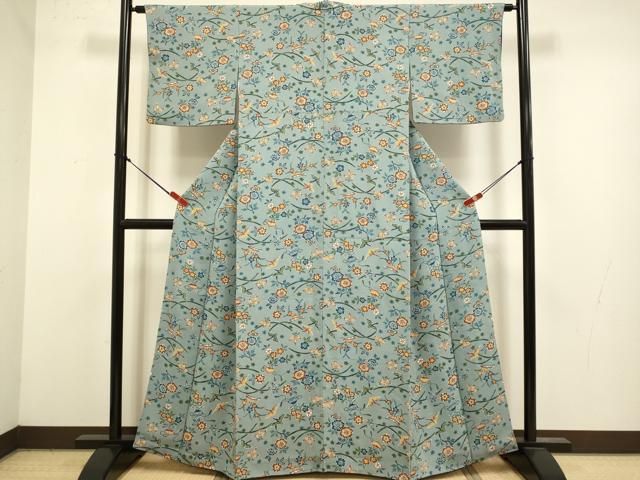 平和屋着物●上質な小紋　型染　花鳥文　鬼しぼ縮緬　正絹　逸品　DABL3534du