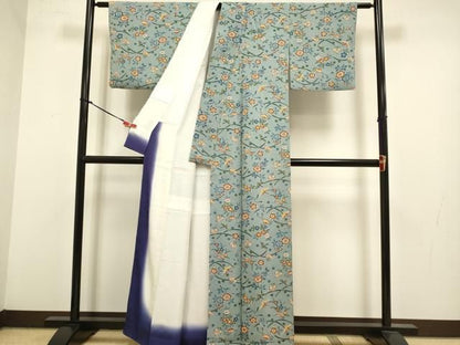 平和屋着物●上質な小紋　型染　花鳥文　鬼しぼ縮緬　正絹　逸品　DABL3534du