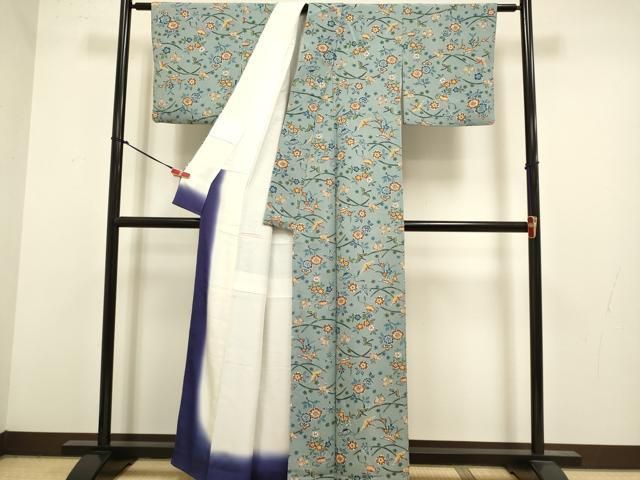 平和屋着物●上質な小紋　型染　花鳥文　鬼しぼ縮緬　正絹　逸品　DABL3534du