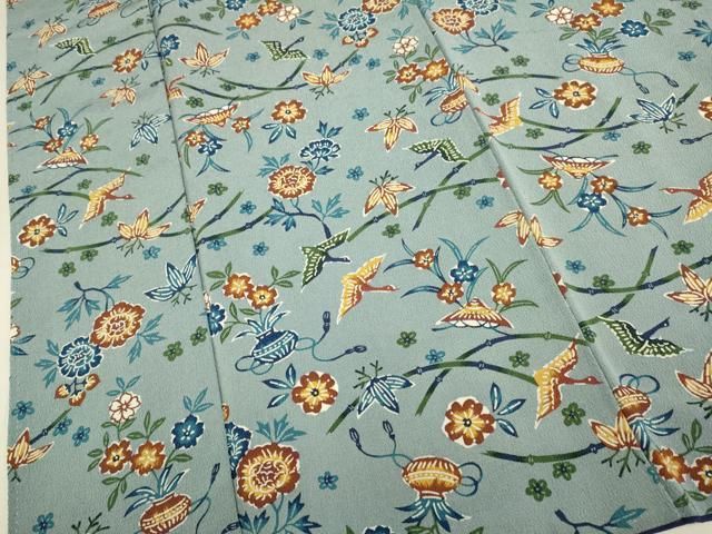 平和屋着物●上質な小紋　型染　花鳥文　鬼しぼ縮緬　正絹　逸品　DABL3534du