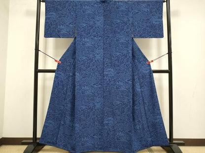 平和屋着物●上質な小紋　藍　型染　風景花鳥文　正絹　逸品　DABL3535du
