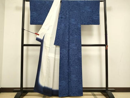 平和屋着物●上質な小紋　藍　型染　風景花鳥文　正絹　逸品　DABL3535du