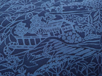 平和屋着物●上質な小紋　藍　型染　風景花鳥文　正絹　逸品　DABL3535du