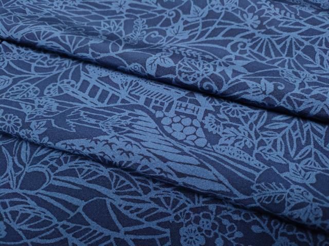 平和屋着物●上質な小紋　藍　型染　風景花鳥文　正絹　逸品　DABL3535du
