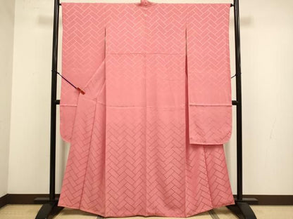平和屋着物●豪華振袖　檜垣地紋　銀朱色　正絹　逸品　DABL3540du