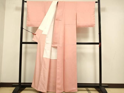 平和屋着物●上質な色無地　霞地紋　珊瑚朱色　正絹　逸品　DABL3558du