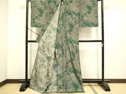 平和屋着物▽小紋　単衣　草葉文　ロング丈　洗える着物　DABL3592du
