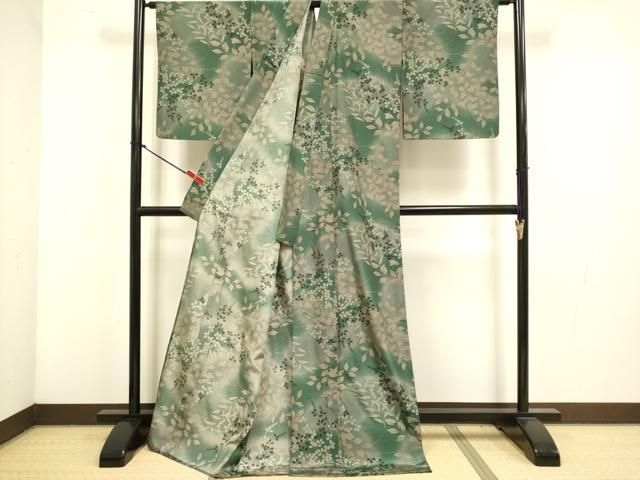 平和屋着物▽小紋　単衣　草葉文　ロング丈　洗える着物　DABL3592du