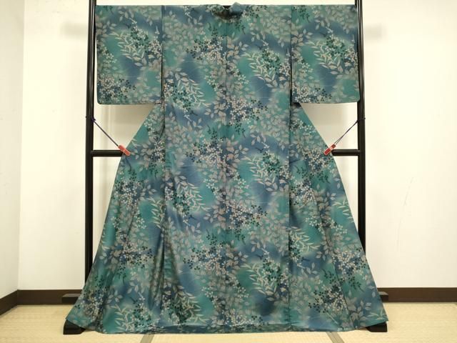 平和屋着物▽小紋　単衣　草葉文　ロング丈　洗える着物　DABL3593du