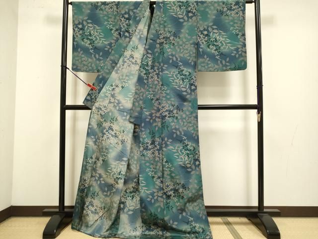 平和屋着物▽小紋　単衣　草葉文　ロング丈　洗える着物　DABL3593du