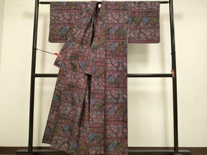 平和屋着物▽上質な紬　単衣　草花文　正絹　逸品　DABL3595du