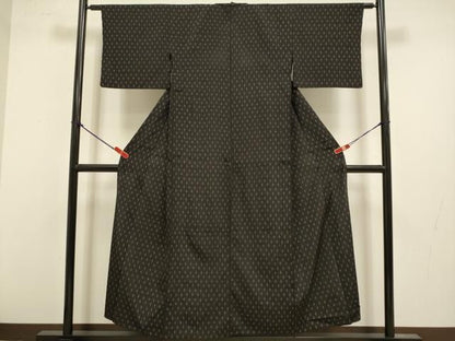 平和屋着物▽上質な紬　単衣　十字絣　黒地　正絹　逸品　DABL3598du
