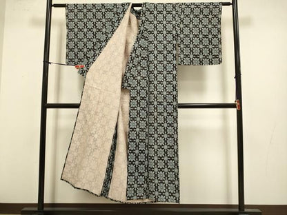 平和屋着物▽上質な小紋　単衣　花菱文　黒地　正絹　逸品　DABL3617du