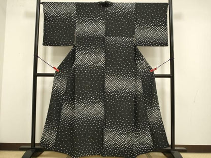 平和屋着物▽上質な小紋　単衣　舞扇文　黒地　正絹　逸品　DABL3620du