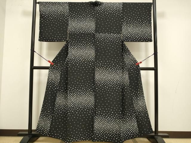 平和屋着物▽上質な小紋　単衣　舞扇文　黒地　正絹　逸品　DABL3620du
