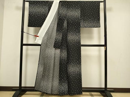 平和屋着物▽上質な小紋　単衣　舞扇文　黒地　正絹　逸品　DABL3620du