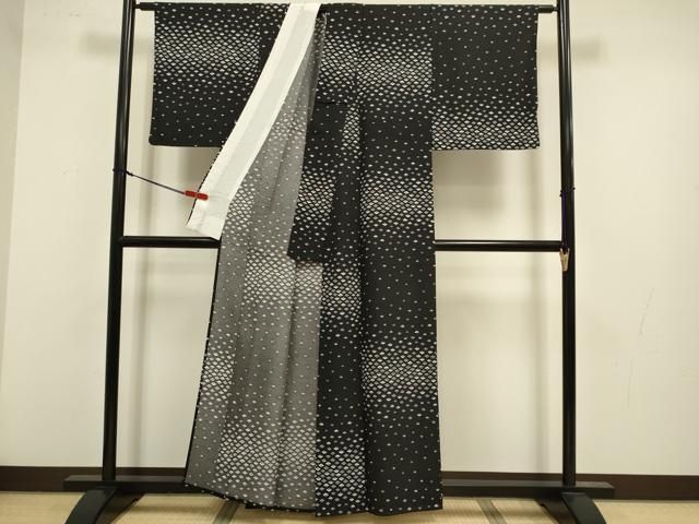 平和屋着物▽上質な小紋　単衣　舞扇文　黒地　正絹　逸品　DABL3620du