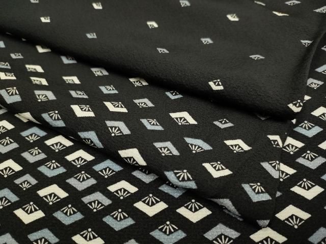 平和屋着物▽上質な小紋　単衣　舞扇文　黒地　正絹　逸品　DABL3620du