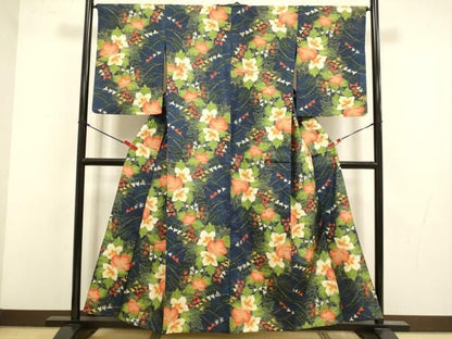 平和屋着物▽上質な紬　単衣　草花文　正絹　逸品　DABL3628du