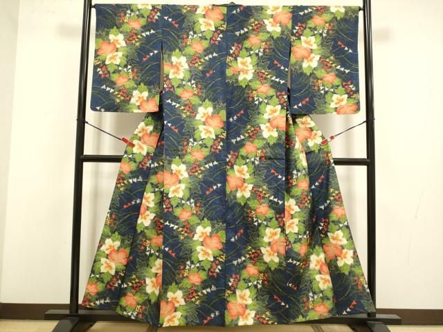 平和屋着物▽上質な紬　単衣　草花文　正絹　逸品　DABL3628du