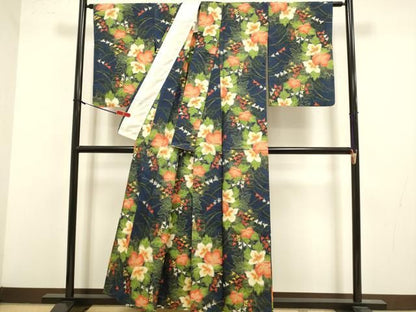 平和屋着物▽上質な紬　単衣　草花文　正絹　逸品　DABL3628du