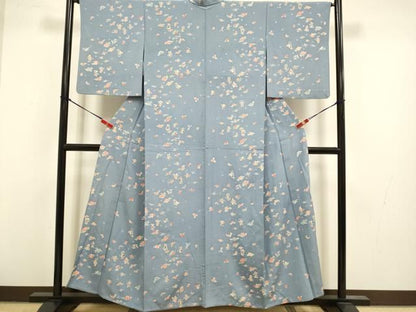 平和屋着物▽上質な小紋　単衣　人物花蝶文　銀彩　正絹　逸品　DABL3632du
