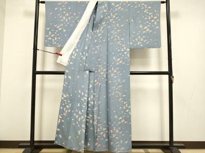 平和屋着物▽上質な小紋　単衣　人物花蝶文　銀彩　正絹　逸品　DABL3632du