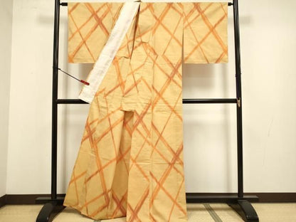 平和屋着物▽上質な紬　単衣　変わり格子　正絹　逸品　未使用　DABL3634du