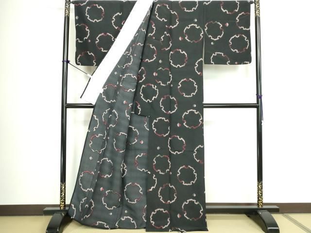 平和屋着物▽小紋　単衣　雪輪文　黒地　洗える着物　DABL4043cd