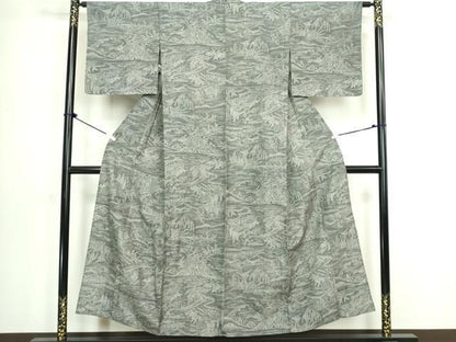 平和屋着物▽江戸小紋　染大島　単衣　渡橋風景文　正絹　逸品　DABL4056cd