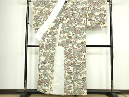 平和屋着物▽上質な小紋　単衣　型染め　流水花鳥文　鬼しぼ縮緬　正絹　逸品　DABL4058cd