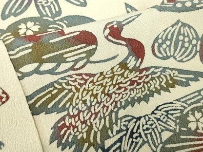 平和屋着物▽上質な小紋　単衣　型染め　流水花鳥文　鬼しぼ縮緬　正絹　逸品　DABL4058cd