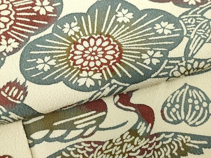平和屋着物▽上質な小紋　単衣　型染め　流水花鳥文　鬼しぼ縮緬　正絹　逸品　DABL4058cd