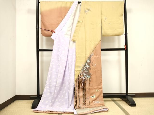 平和屋本店●お引きずり・お引き摺り　訪問着　和装　舞台　舞妓　芸妓　芸者　衣装　笹竹花蝶文　暈し染め　金彩　逸品　DABL4313cd