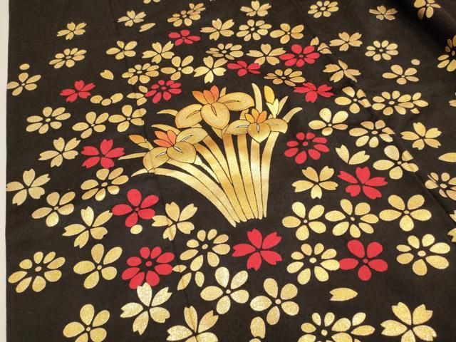 平和屋本店●本手描友禅作家 秋山章 お引きずり・お引き摺り・引き振袖 和装 結婚式 舞妓 芸妓 芸者 衣装 草花文 黒地 金彩 DABL4315cd