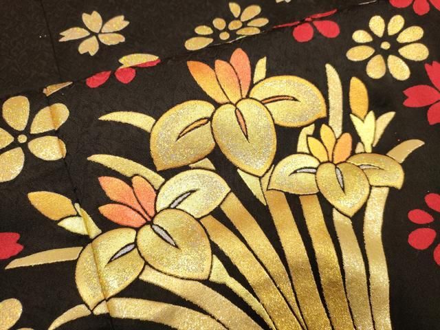平和屋本店●本手描友禅作家 秋山章 お引きずり・お引き摺り・引き振袖 和装 結婚式 舞妓 芸妓 芸者 衣装 草花文 黒地 金彩 DABL4315cd