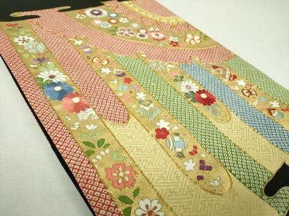 平和屋着物●塩瀬　太鼓柄袋帯　駒刺繍　雪輪宝尽くし花文　黒地　金彩　正絹　逸品　DABL5006ps