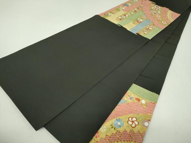 平和屋着物●塩瀬　太鼓柄袋帯　駒刺繍　雪輪宝尽くし花文　黒地　金彩　正絹　逸品　DABL5006ps