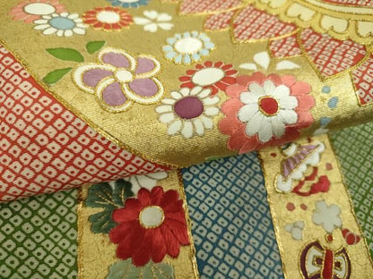 平和屋着物●塩瀬　太鼓柄袋帯　駒刺繍　雪輪宝尽くし花文　黒地　金彩　正絹　逸品　DABL5006ps