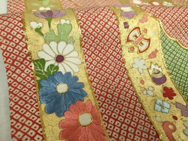 平和屋着物●塩瀬　太鼓柄袋帯　駒刺繍　雪輪宝尽くし花文　黒地　金彩　正絹　逸品　DABL5006ps