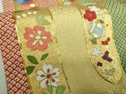 平和屋着物●塩瀬　太鼓柄袋帯　駒刺繍　雪輪宝尽くし花文　黒地　金彩　正絹　逸品　DABL5006ps