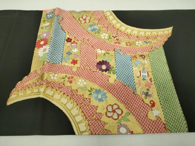 平和屋着物●塩瀬　太鼓柄袋帯　駒刺繍　雪輪宝尽くし花文　黒地　金彩　正絹　逸品　DABL5006ps