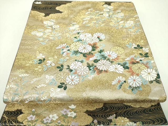 平和屋着物▼六通柄袋帯　雲取り流水花文　金銀糸　正絹　逸品　DABL5030ps