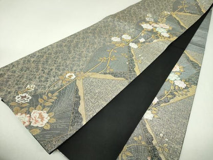 平和屋着物▼六通柄袋帯　草花間道　金糸　正絹　逸品　DABL5052ps