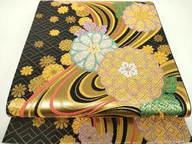 平和屋着物▼六通柄袋帯　舞花文　黒地　金銀糸　正絹　逸品　DABL5057ps