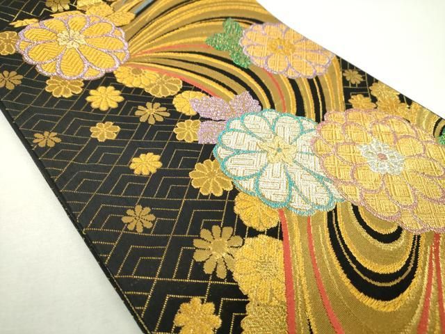 平和屋着物▼六通柄袋帯　舞花文　黒地　金銀糸　正絹　逸品　DABL5057ps